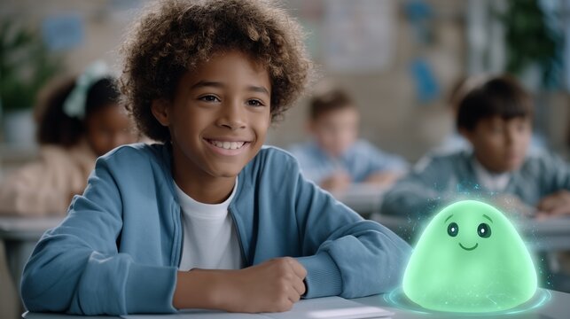 African american schoolboy wearing virtual reality headset, sitting at classroom desk, smiling while classmates continue studying - Powered by Adobe