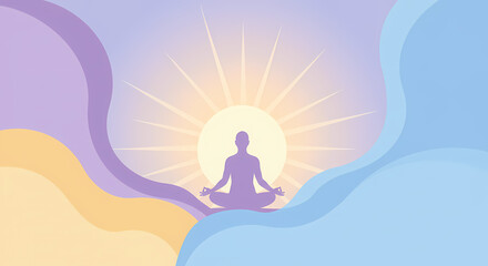 Meditation Silhouette with Sunrise and Pastel Shapes