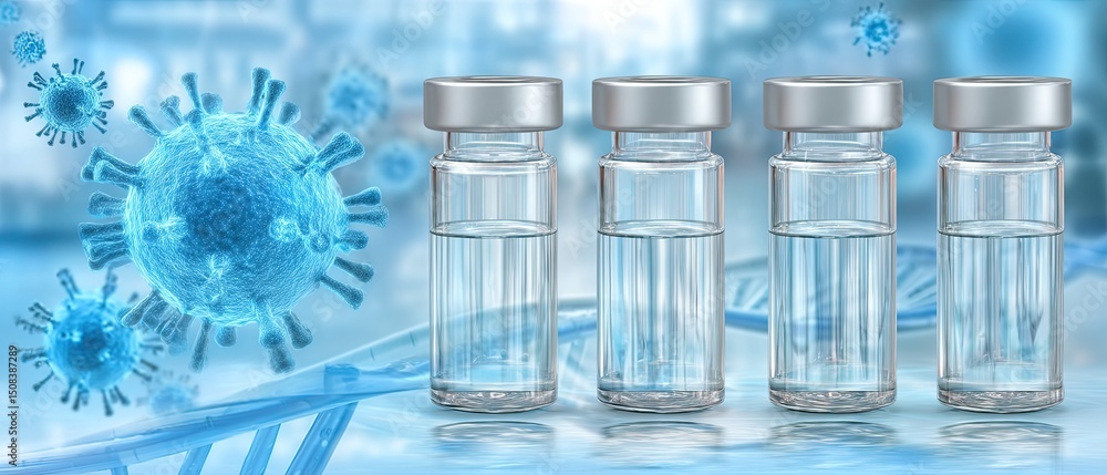 Poster vaccine virus development concept. vials with a background depicting viruses and dna strands in a sc
