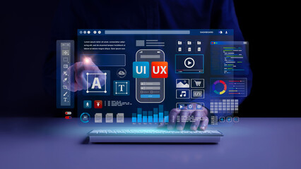 Naklejka na ściany i meble Web UI-UX design, web development concept. A web developer works on a website to develop mobile and laptop app interface. User interface and experience. application design. User experience. coding.
