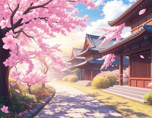 Obraz premium Japanese Traditional Buildings with Pink Cherry Blossom Trees and Stone Path