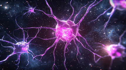 Neural network shows multiple brain cells communicating across synapses in a star filled space background.