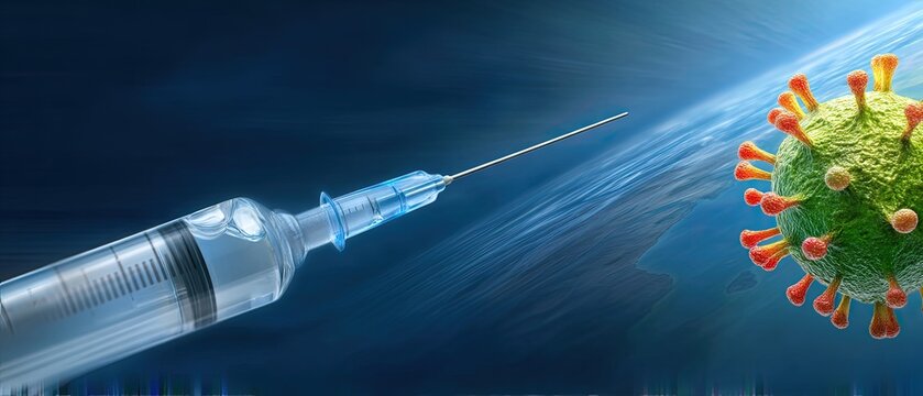 vaccine virus development concept. Vaccine syringe aimed at a virus illustration, symbolizing health and protection.