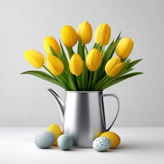 Yellow tulips in metal pitcher with easter eggs