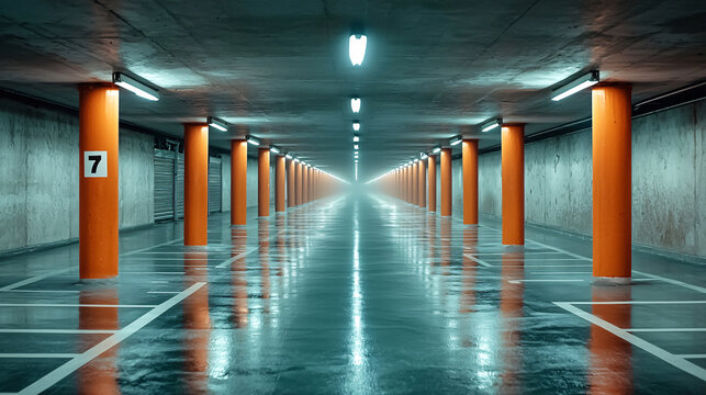 A symmetrical view of a parking garage with orange columns and wet floor reflecting the overhead lights.