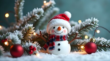 Festive Snowman in a Winter Wonderland Scene with Christmas Decorations