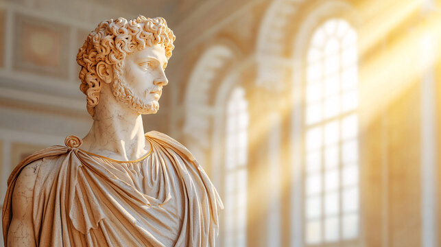 Sunlight illuminates a Roman marble bust of a man with curly hair in an ancient museum hallway space.