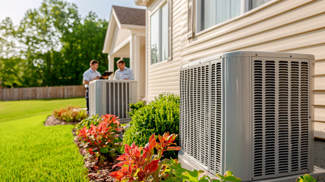 Two HVAC technicians inspect outside home air conditioning units on the lush green residential property.