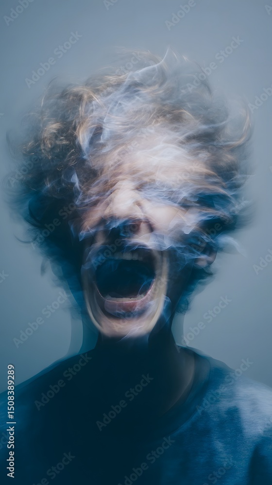 Poster a striking abstract portrait capturing a powerful raw expression of intense emotion and inner turmoi