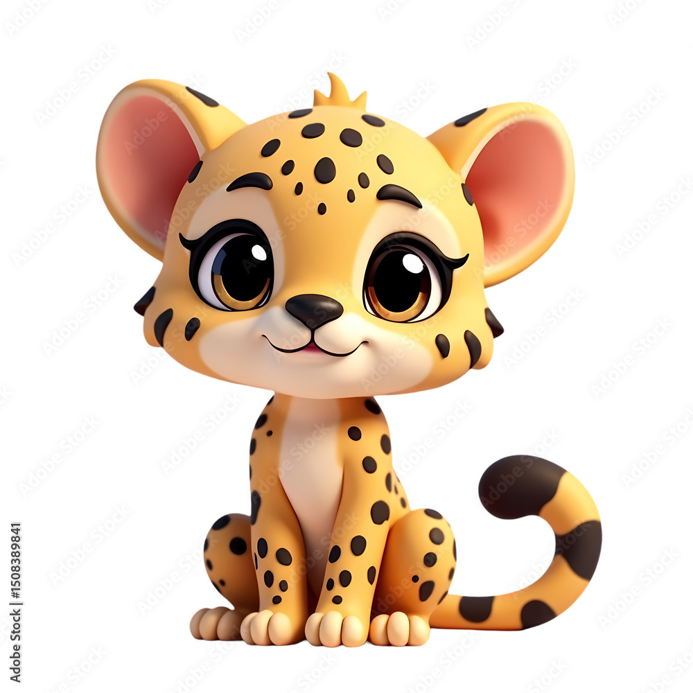 Poster a cartoon cheetah with large eyes and spots sitting against a black background in a digital renderin
