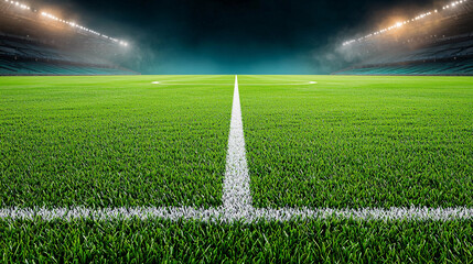 Wide angle view of empty illuminated soccer field with green grass and white lines in a stadium at night.
