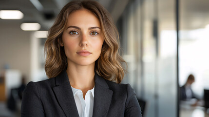 Confident young businesswoman wea a suit stands in modern office, with determined and professional look.