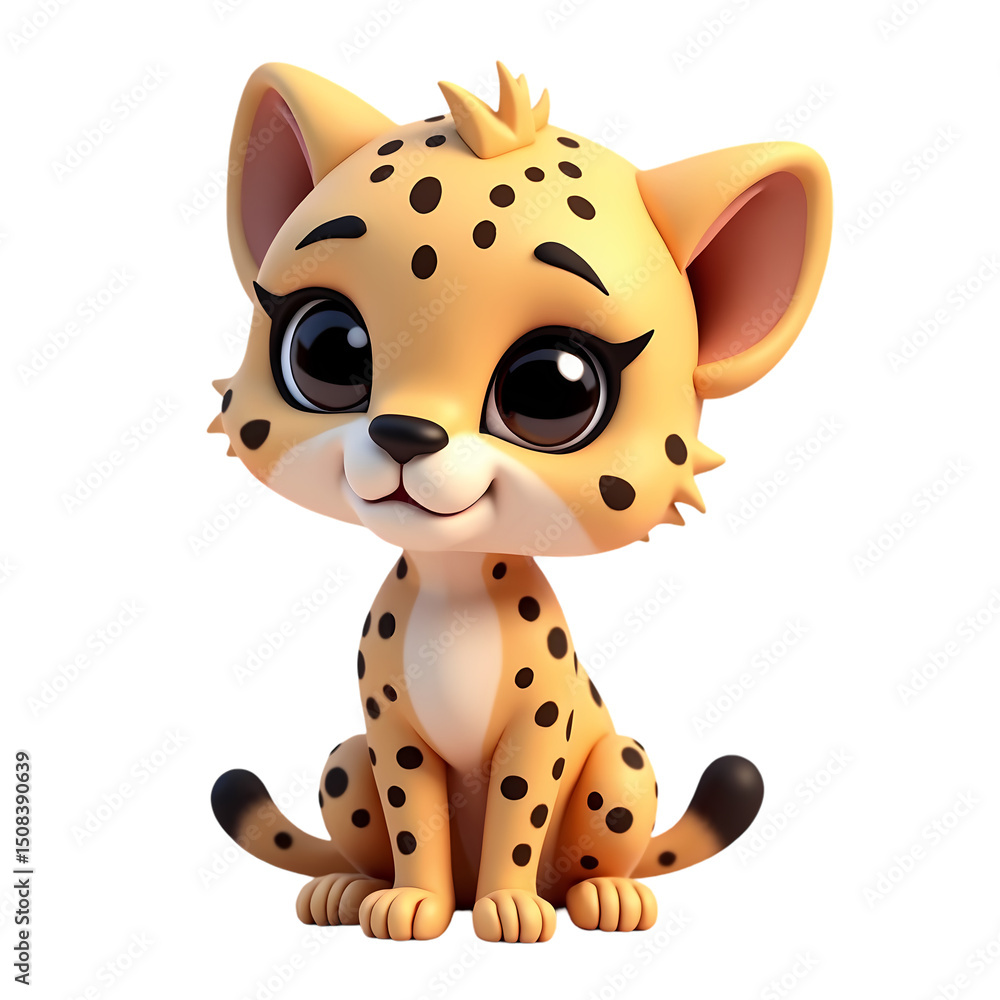 Poster a cartoon cheetah sitting with big eyes and a cute expression on a black background in a digital ren