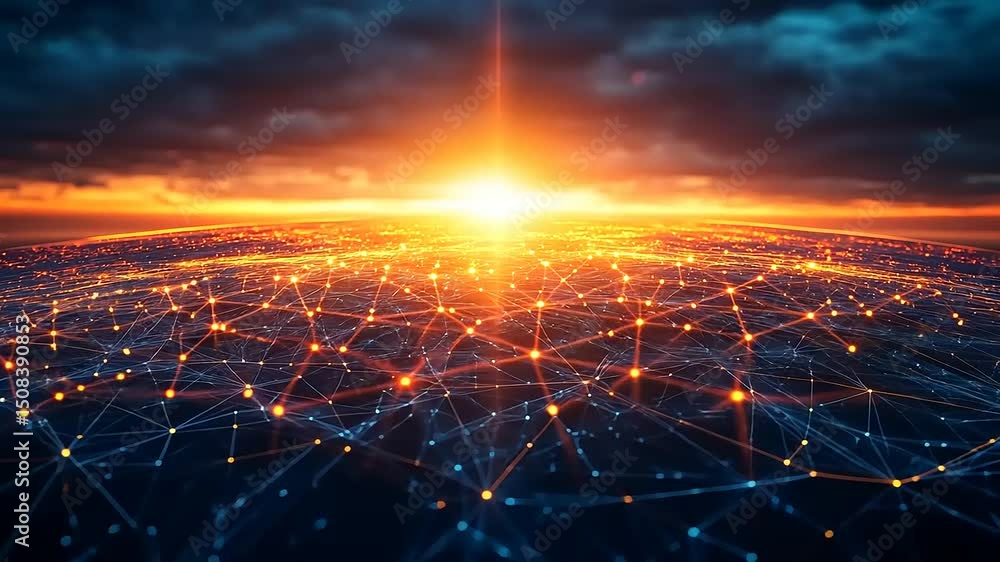 Poster futuristic digital network connection technology with glowing nodes and sunset sky