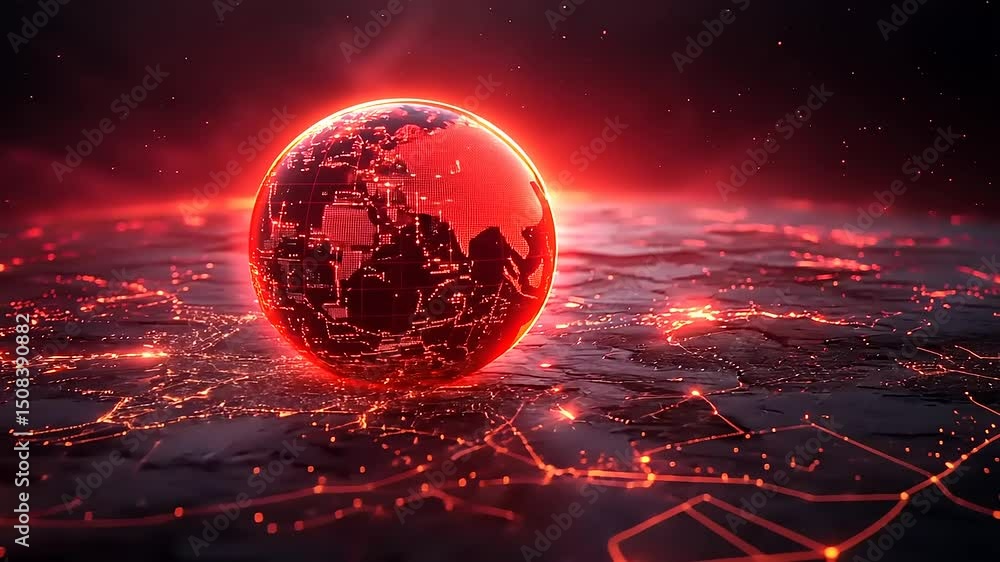 Poster futuristic earth globe hologram display with red digital circuit board network