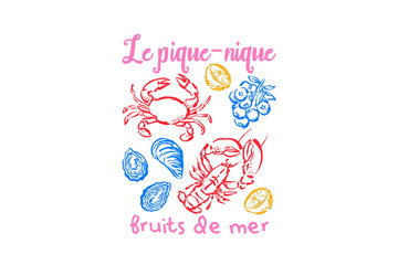 Le pique-nique Fruits de mer – "French Seafood Picnic Illustration" with crab, lobster, oysters, blueberries, and lemon Vintage Foodie doodle Sublimation Design