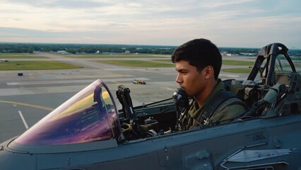 Pilot in jet cockpit at airfield