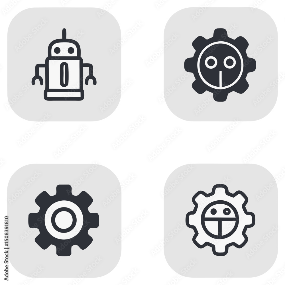 Poster collection of four icons featuring a robot and three different gear designs on rounded square backgr