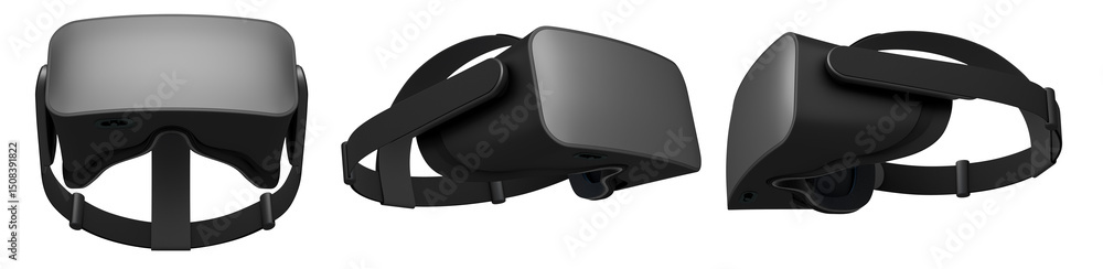 Poster virtual reality glasses and headset isolated on white background with clipping path. 3d render of de