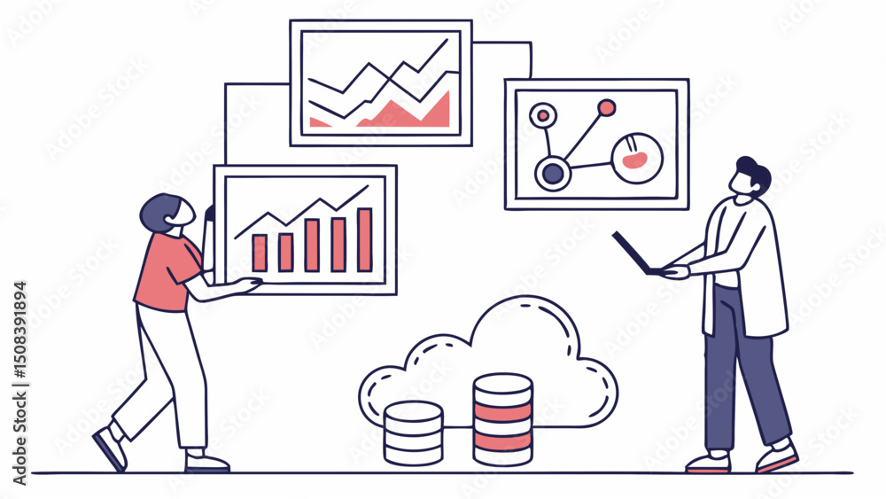 Poster people interacting with data charts connected to cloud storage and working on a laptop device