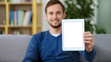 Smiling man holding up blank white digital tablet - modern technology presentation