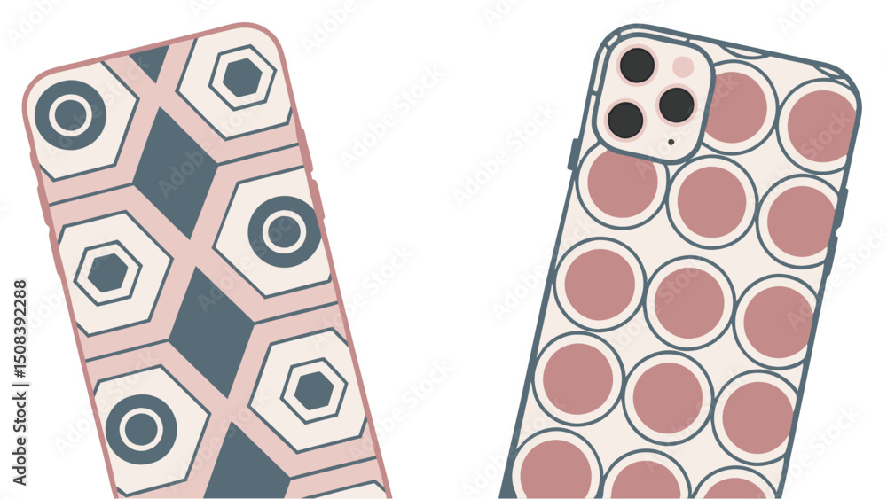 Poster two phone cases with geometric patterns and circle designs in a simple graphic presentation style