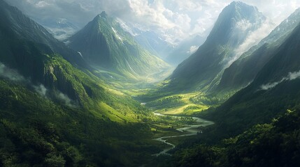 Fototapeta premium serene mountain valley with lush greenery and winding rivers.