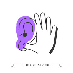 Obraz premium Active listening offset shadow line icon. Social communication, empathy. Skill development, customer service. Bold outline symbol with solid purple fill. Modern flat illustration. Editable stroke
