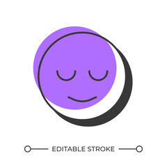 Mood offset shadow line icon. Sad emoticon, depression. Mental health, healthcare. Customer satisfaction. Bold outline symbol with solid purple fill. Modern flat illustration. Editable stroke