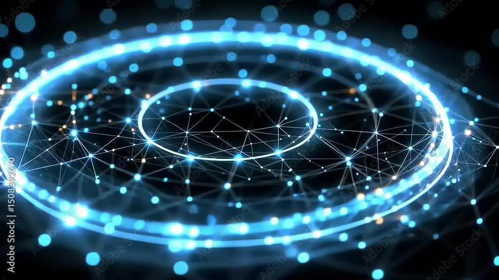 Poster futuristic technology background with glowing network and data transfer visualization