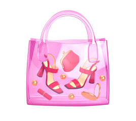 Women's high heel shoes, purse, lipstick, mirror inside transparent shopping bag isolated on white