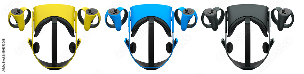 Poster virtual reality glasses and headset with controllers isolated on white background with clipping path