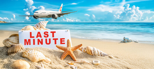 last minute, summer vacation offer, sale, deal, holiday travel tourism travel agency concept background - Sign in the sand with starfish and shells on the beach with sea in the background