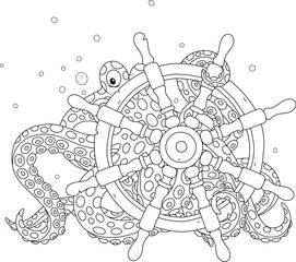 Giant spotted octopus steering an old wooden wheel from a sunken sailing ship on the seabed, black and white outline vector cartoon illustration for a coloring book