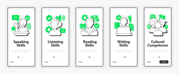 Language learning competences mobile onboarding screen. Speaking, reading skills UX UI illustration. Flat outline style icons with green accent. Informa Pro Bold, Montserrat Light fonts used