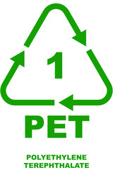 Recycling code icon with the number 1 inside, a green triangular recycling symbol with arrows and 