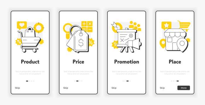 Four P marketing mix mobile onboarding screen. Products and services promotion UX UI illustration. Flat outline style icons with yellow accent. Informa Pro Bold, Montserrat Light fonts used