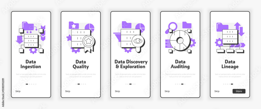 Aufkleber data lake key mobile onboarding screen. digital analytics. virtual technology ux ui illustration. fl