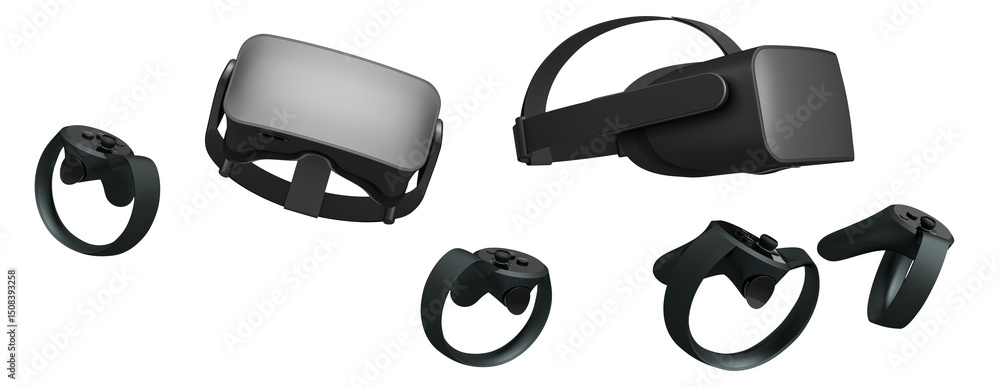 Poster virtual reality glasses and headset with controllers isolated on white background with clipping path