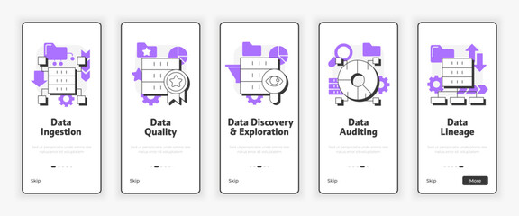 Plakat Data lake key mobile onboarding screen. Digital analytics. Virtual technology UX UI illustration. Flat outline style icons with purple accent. Informa Pro Bold, Montserrat Light fonts used
