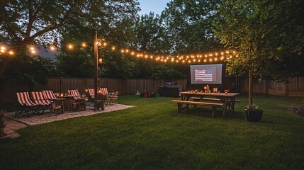 Backyard setup with projector for patriotic movie night.