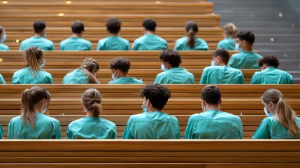 Medical students wearing protective masks seated in lecture hall, maintaining social distance during coronavirus learning session,Medical students
