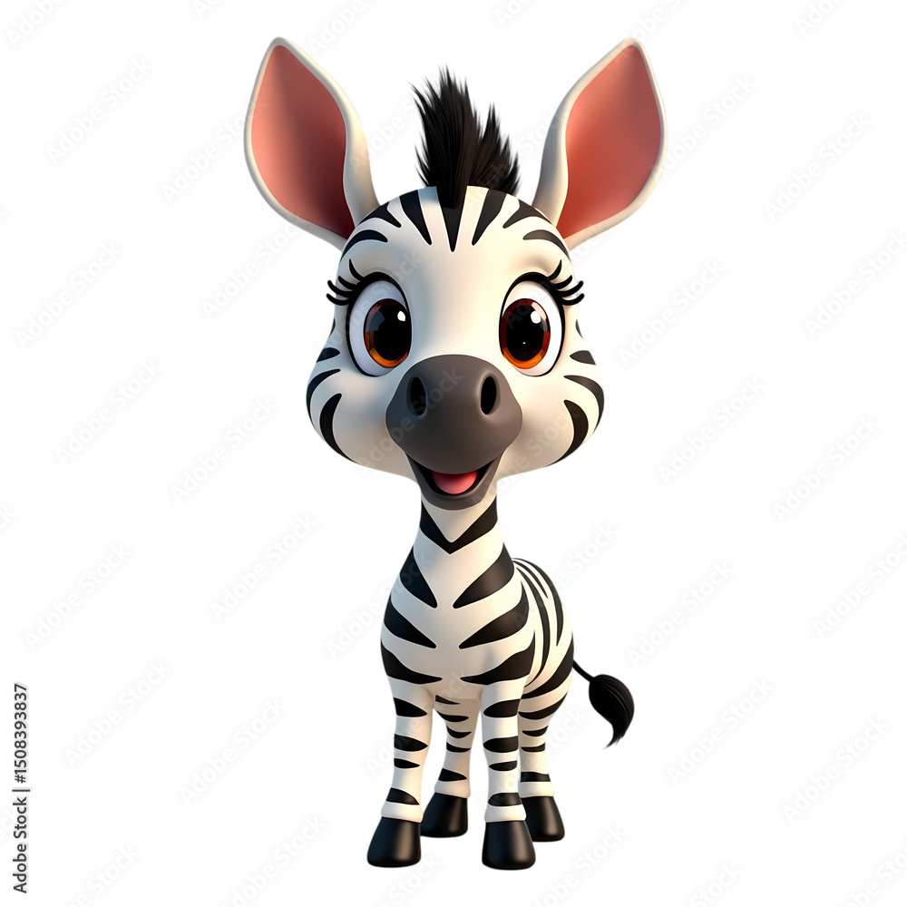 Poster front view of a cartoon zebra with big eyes standing on a black background looking at the viewer iso