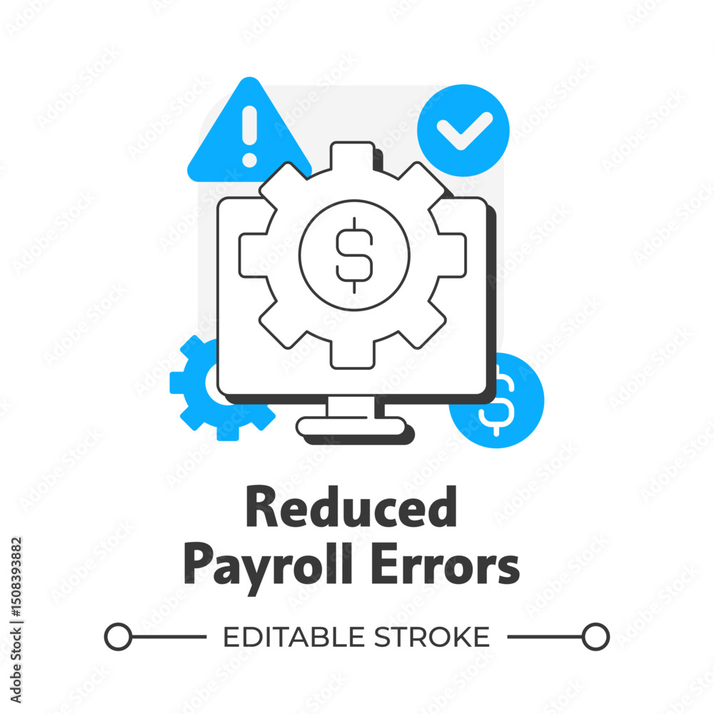 Poster reduced payroll errors flat outline concept icon. payment regulation software advantage. computing f