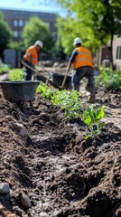 Construction workers are actively preparing a landscaping site in an urban area. They use shovels and wheelbarrows to move soil and plants for the upcoming project