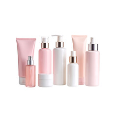 Elegant pink and white cosmetic bottles product mockup on transparent background