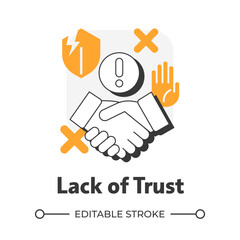 Lack of trust flat outline concept icon. Customer confidence. Company reputation. Closing deal. Sales objection. Modern line illustration with orange glyphs. Conceptual visual. Easy to edit