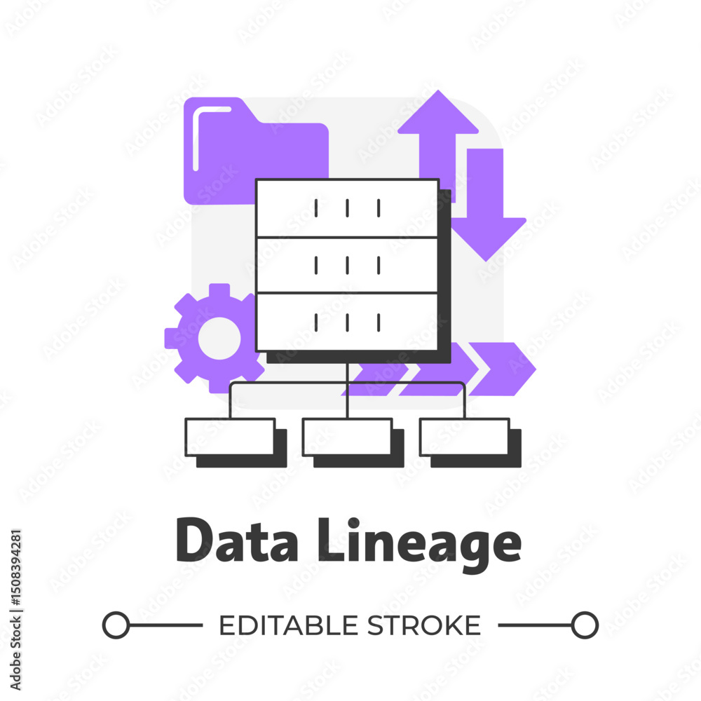 Poster data lineage flat outline concept icon. information flow record. data lake key. computing technology
