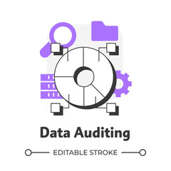 Data auditing flat outline concept icon. Tracking changes algorithms. Data lake key. Software for automation. Modern line illustration with purple glyphs. Conceptual visual. Easy to edit