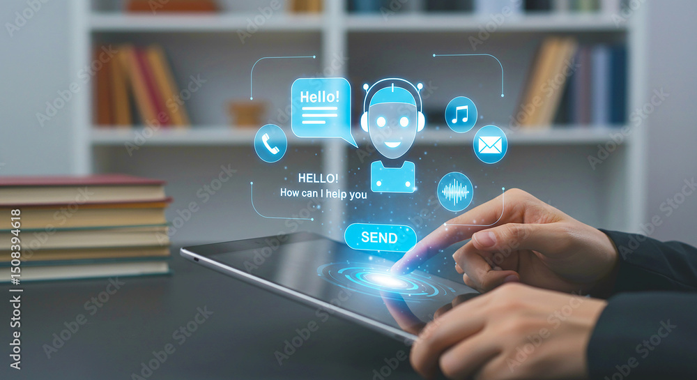 Poster person interacts with a digital assistant on a tablet with bookshelf in the background visible too